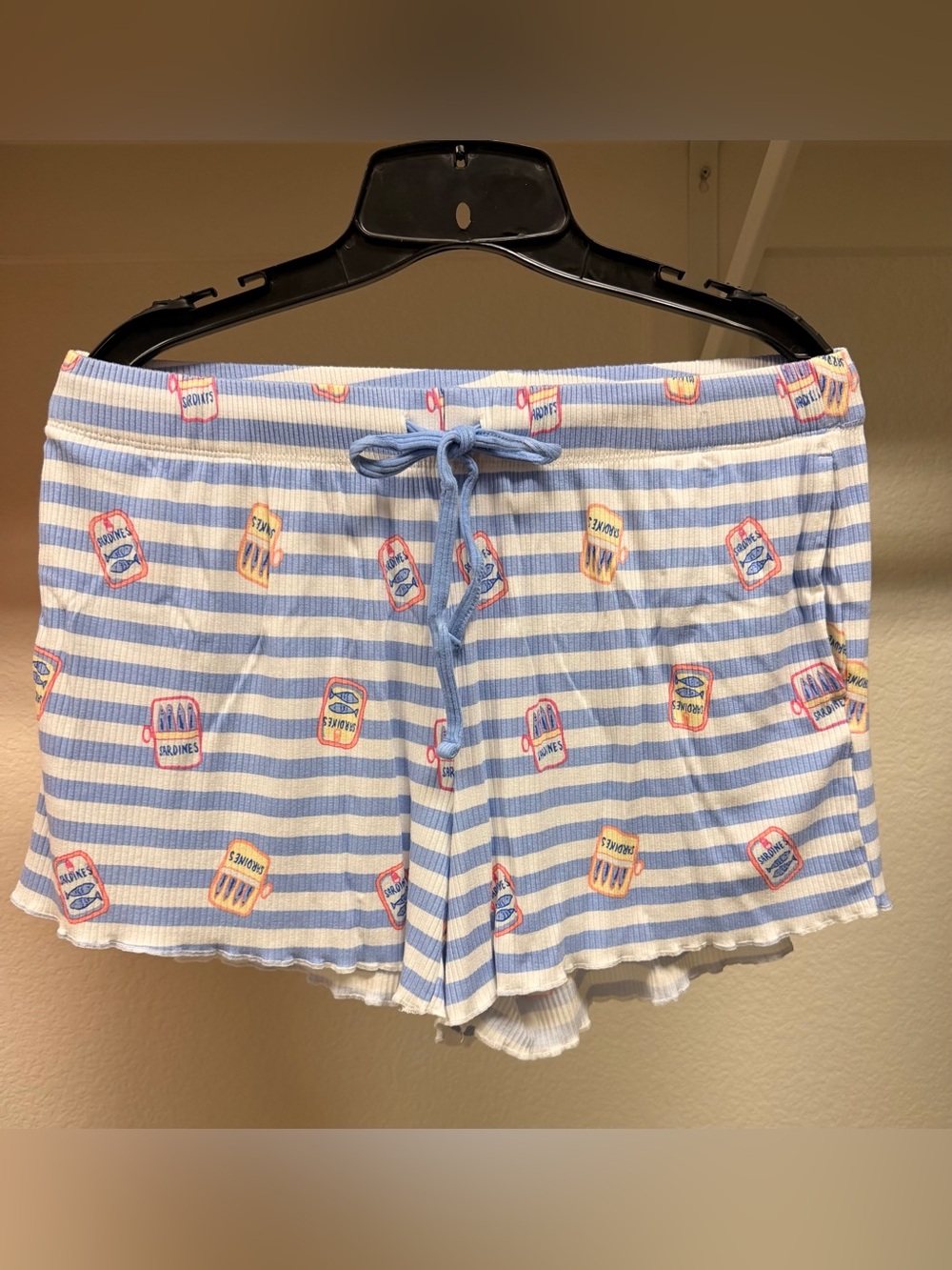 Blue Striped Sleep Shorts with Playful Sardine Can Print